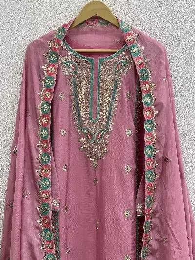 Mauve Pink Pure Chinon Silk Embroidered Salwar Suit Set