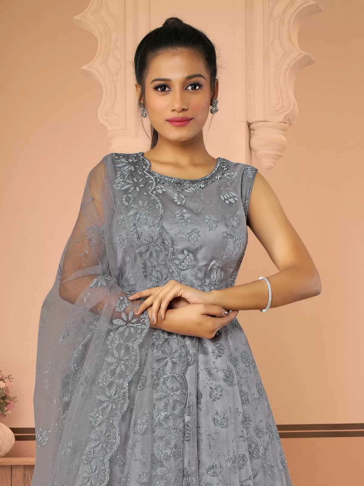 Odette Grey Net  Embroidered Stitched Gown  for Women