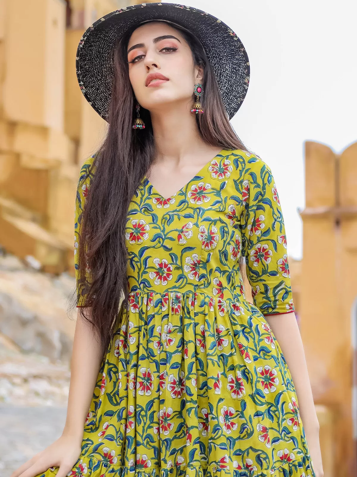 Odette Yellow Muslin Printed Stitched Gown for Women