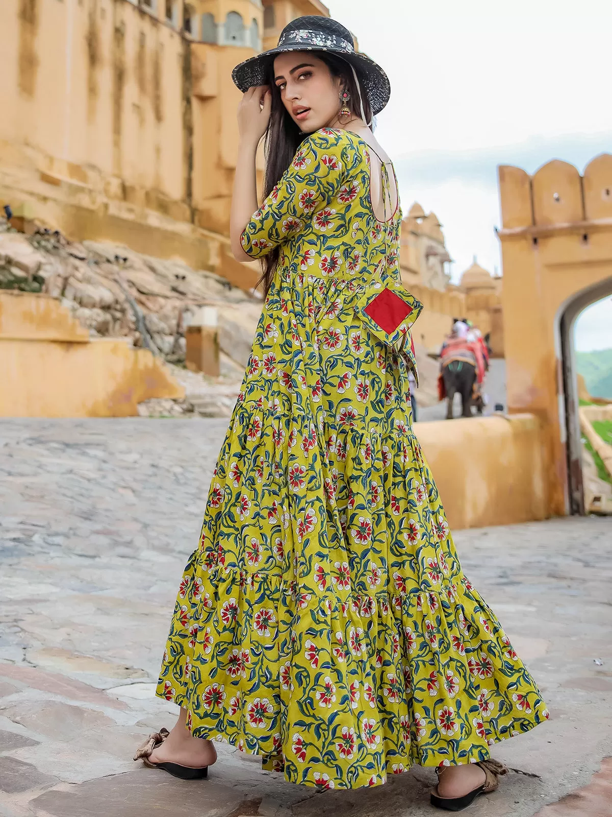 Odette Yellow Muslin Printed Stitched Gown for Women