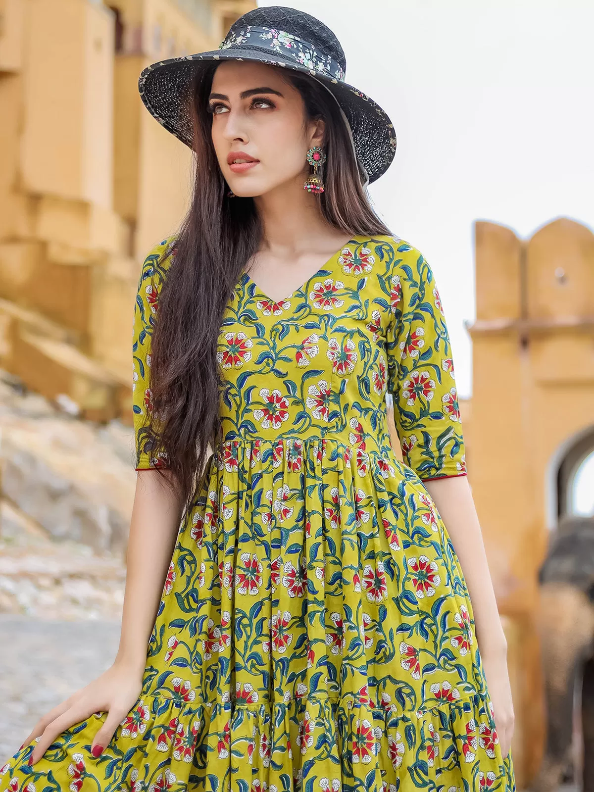 Odette Yellow Muslin Printed Stitched Gown for Women