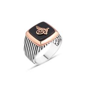 Ottoman Tughra on Black Square Onyx Stone Silver Men's Ring with Stripe Pattern