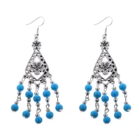 Royal Blue and Silver Beaded Flower Dangle Earrings