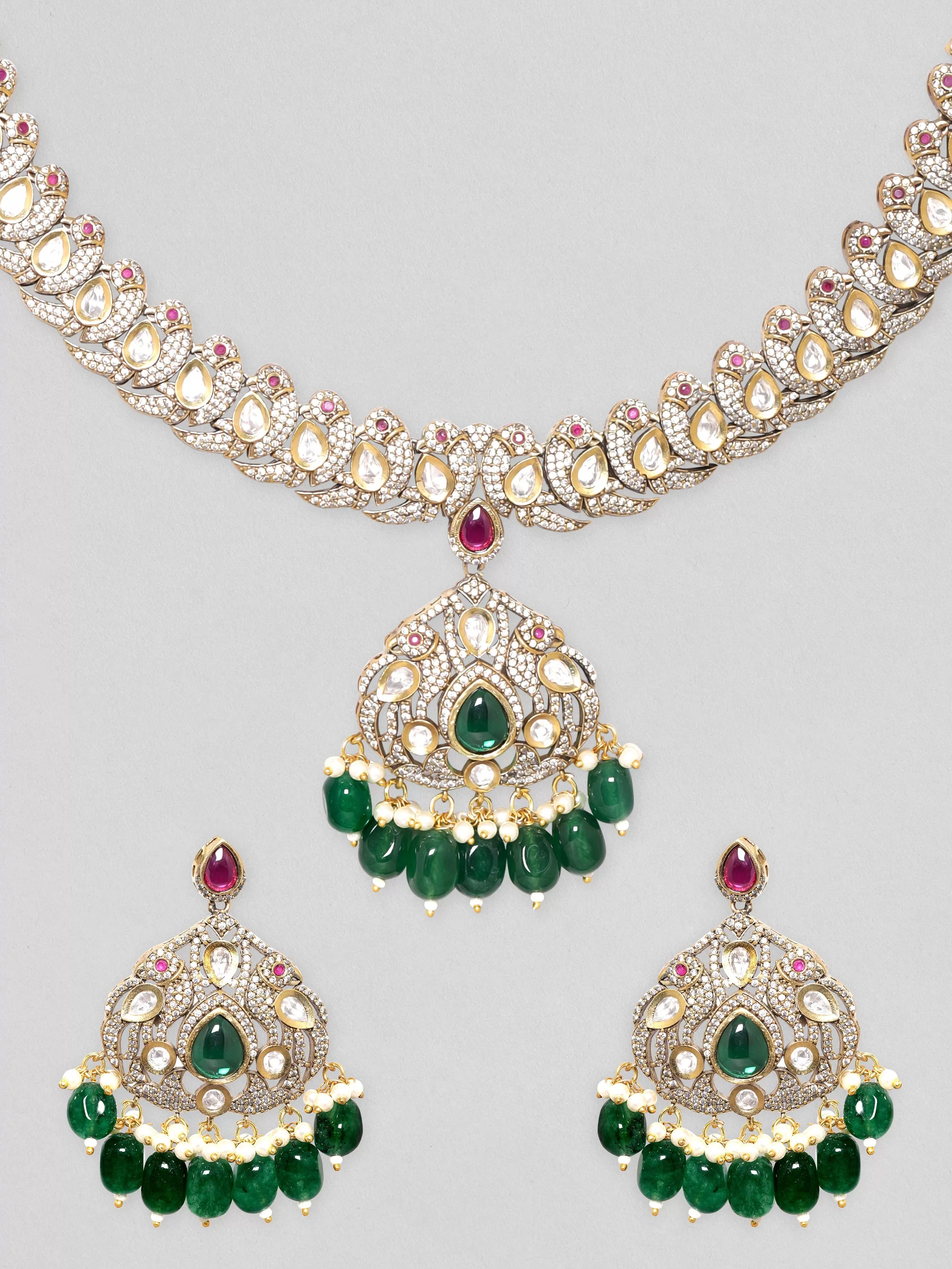 Rubans Antique Gold Plated Brilliant Cut Zirconia, Green Beaded Vintage Royal Necklace Set