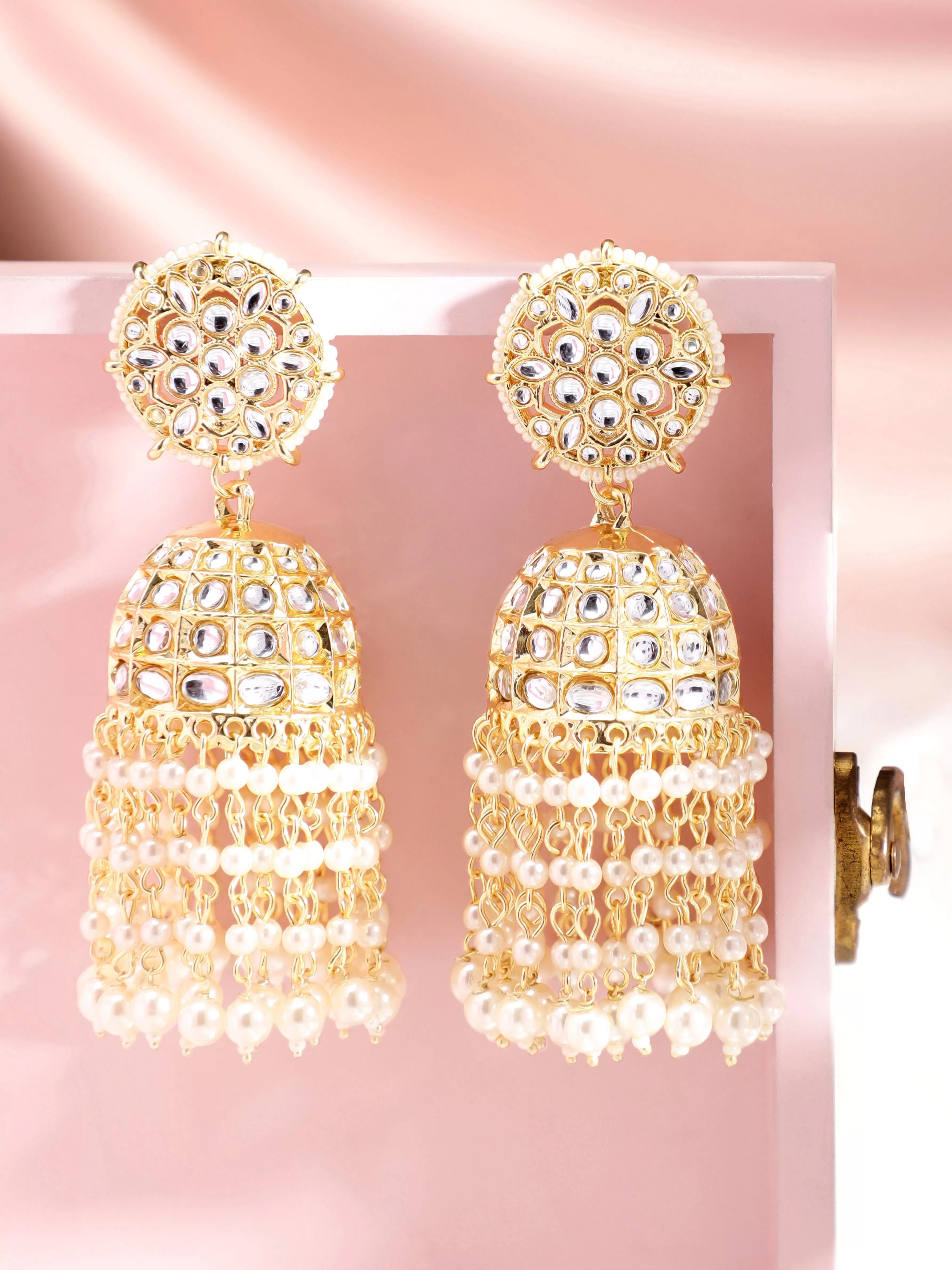 Rubans Eternal Elegance 22K Gold Plated Kundan Studded Pearl Beaded Jhumka Earrings