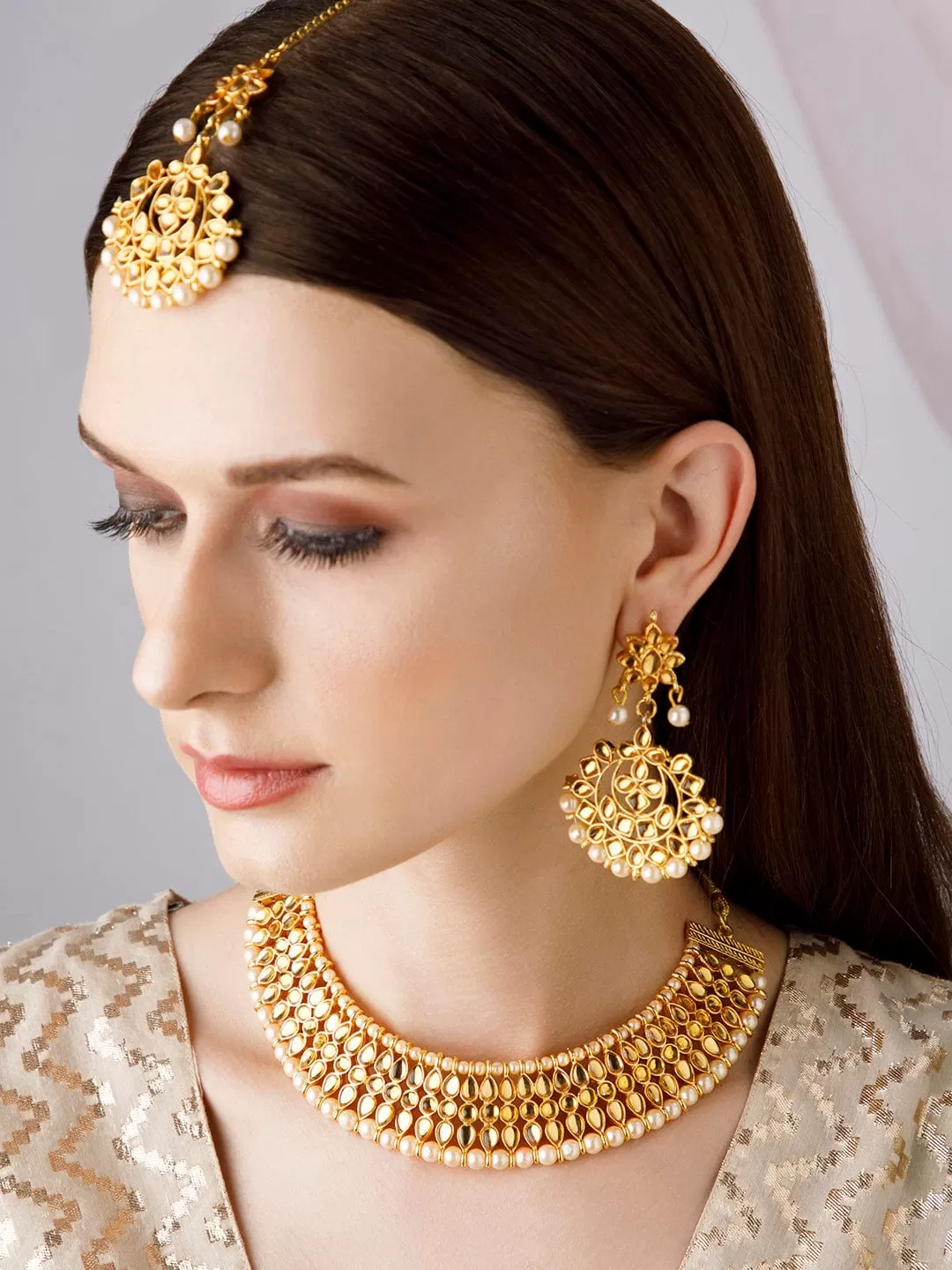 Rubans Gold Plated Kundan Necklace Set With Traditional Design