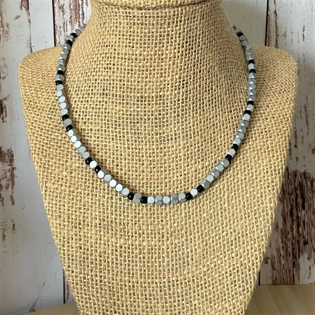 Silver Matte Hexcut and Black Onyx Mens Beaded Necklace