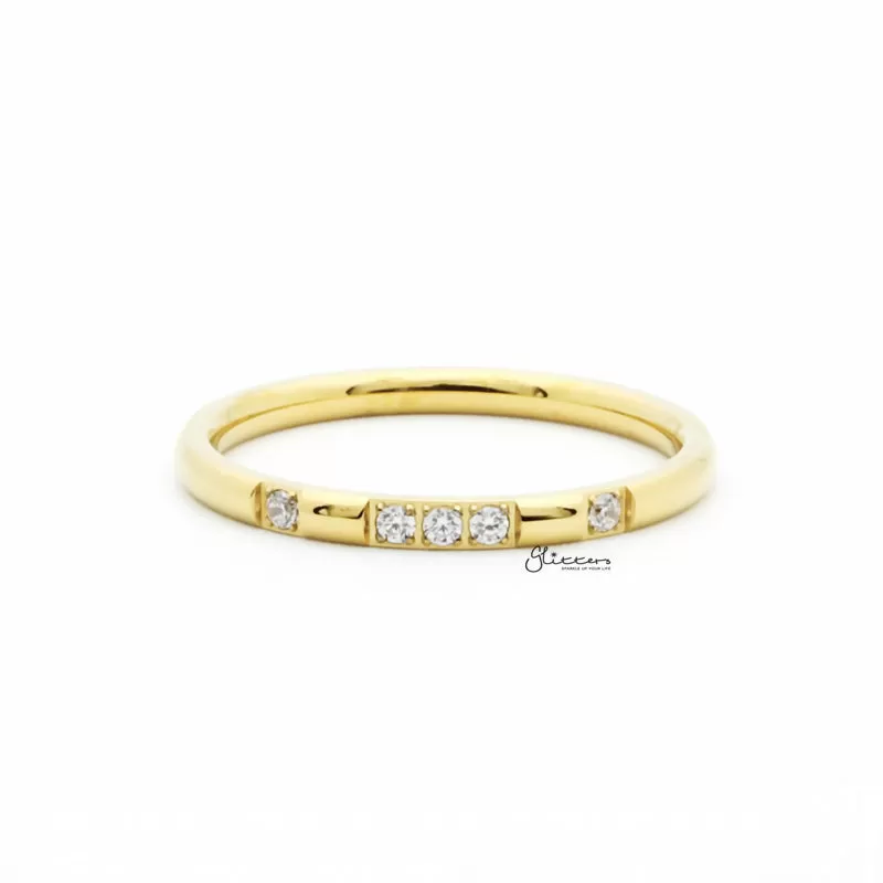 Stainless Steel 5 CZ Inlay Band Ring - Gold