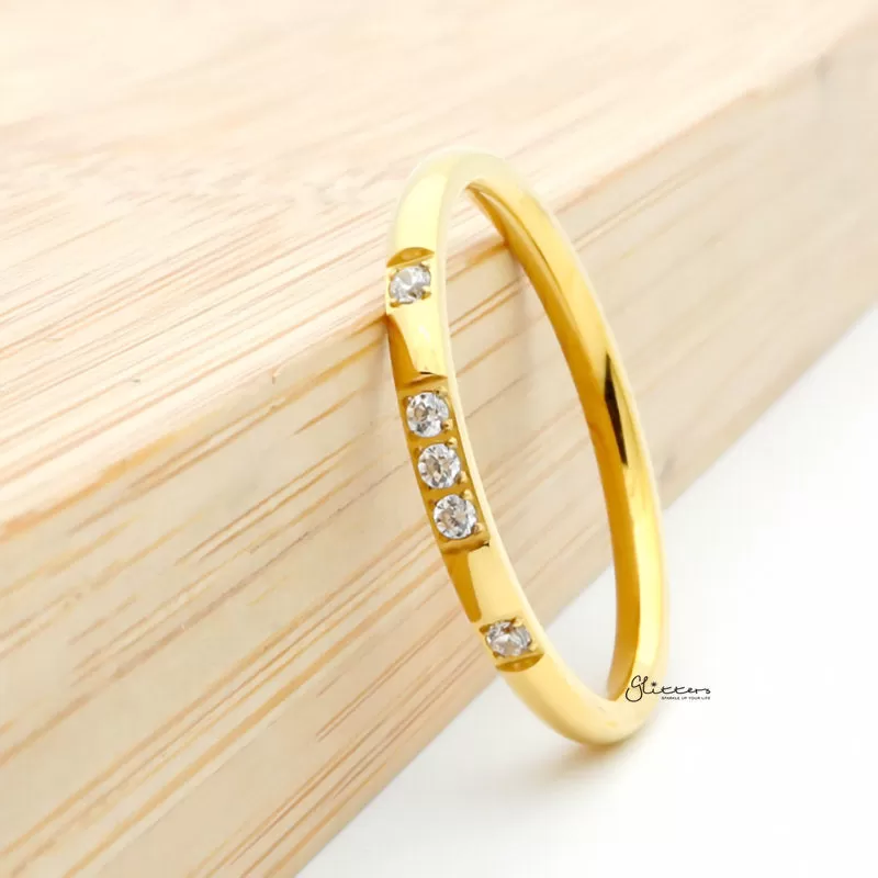 Stainless Steel 5 CZ Inlay Band Ring - Gold