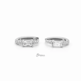 Sterling Silver Baguette CZ One-Touch Huggie Hoop Earrings - Silver