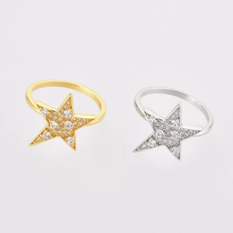 Sterling Silver Gold Full Zircon Star Size Ring For Women