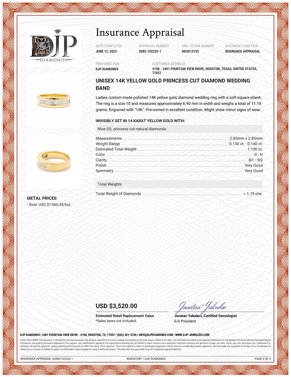 Unisex 14K Yellow Gold Princess Cut Diamond Wedding Band