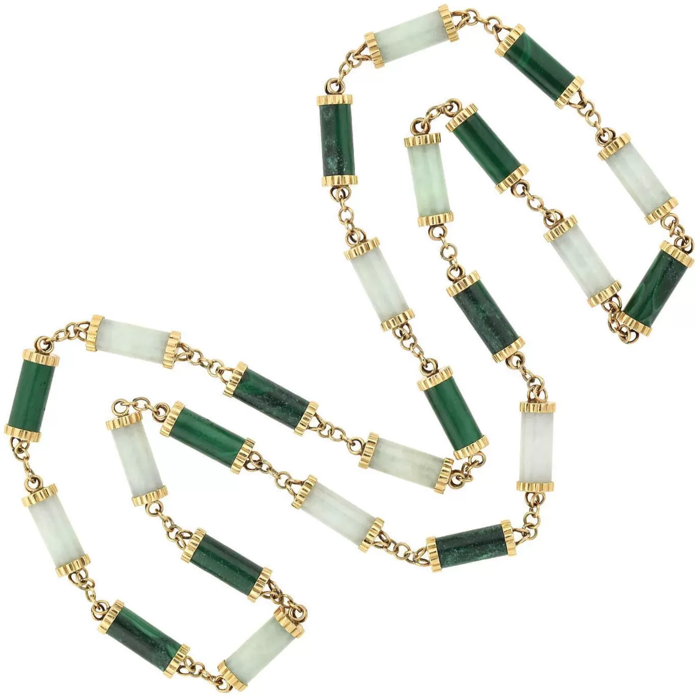 Vintage 14kt Nephrite Jade   Malachite Link Necklace 35"