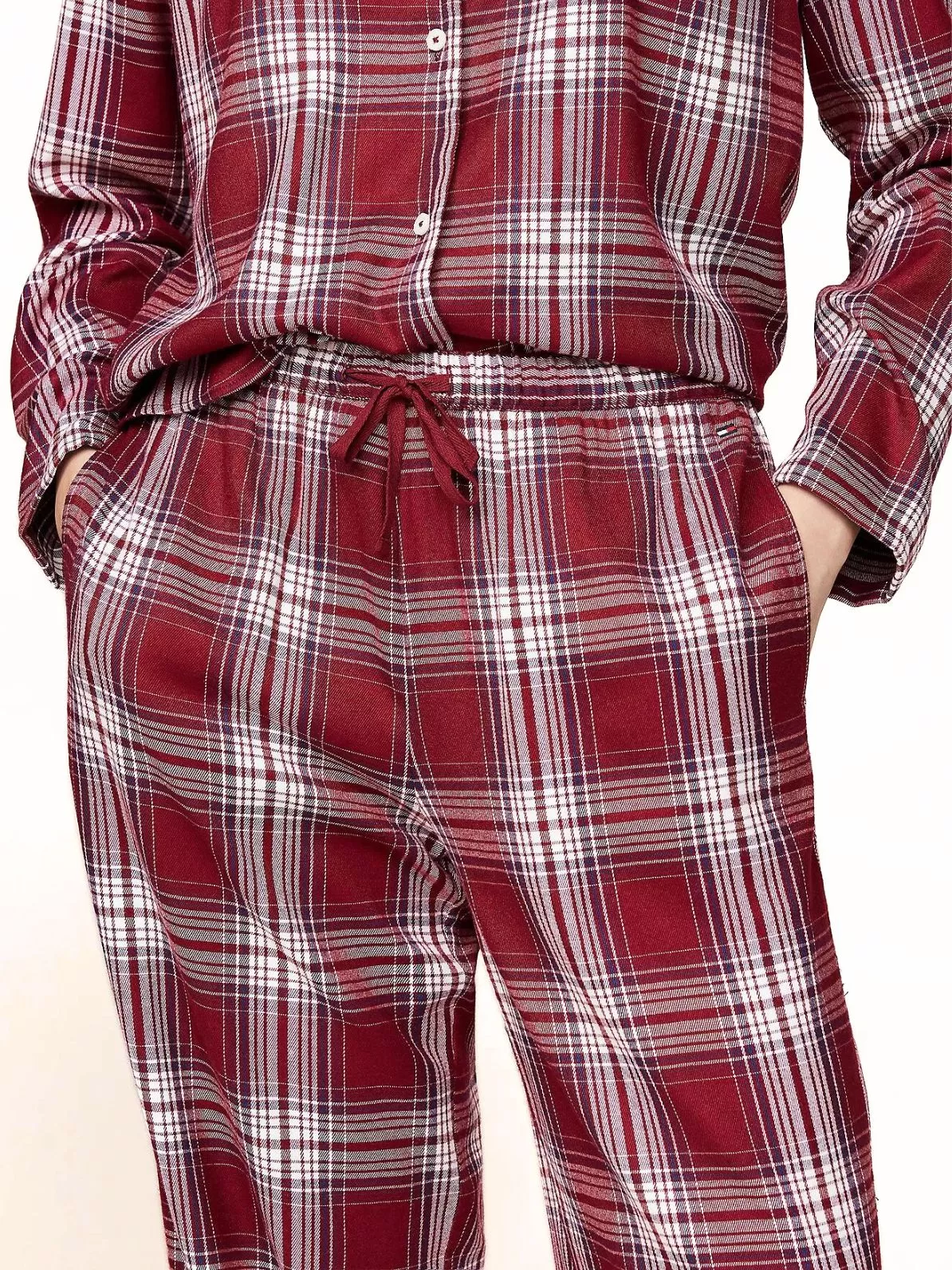 Women Plaid Check Flannel Pyjama Set, Deep Rouge