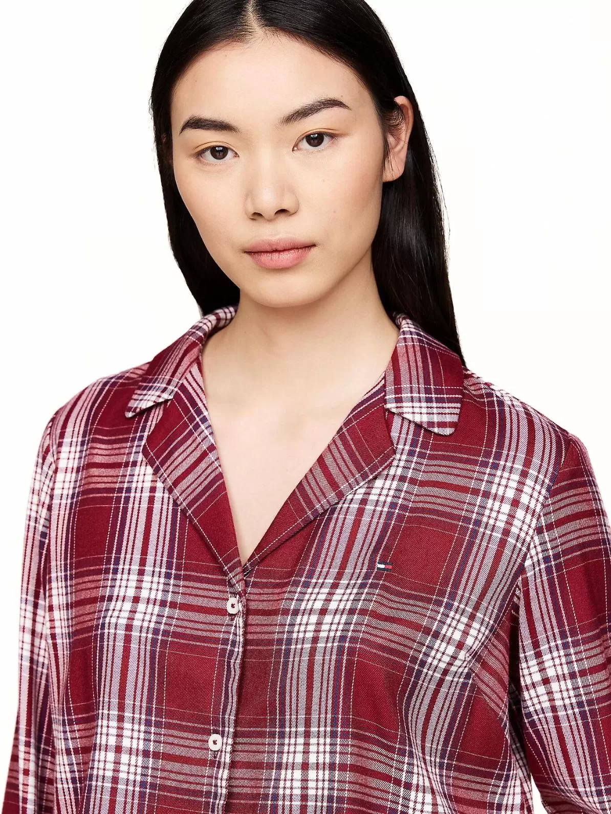 Women Plaid Check Flannel Pyjama Set, Deep Rouge