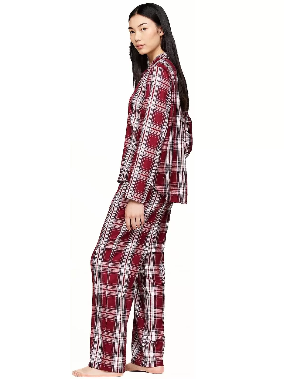 Women Plaid Check Flannel Pyjama Set, Deep Rouge