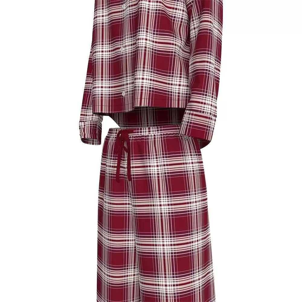 Women Plaid Check Flannel Pyjama Set, Deep Rouge