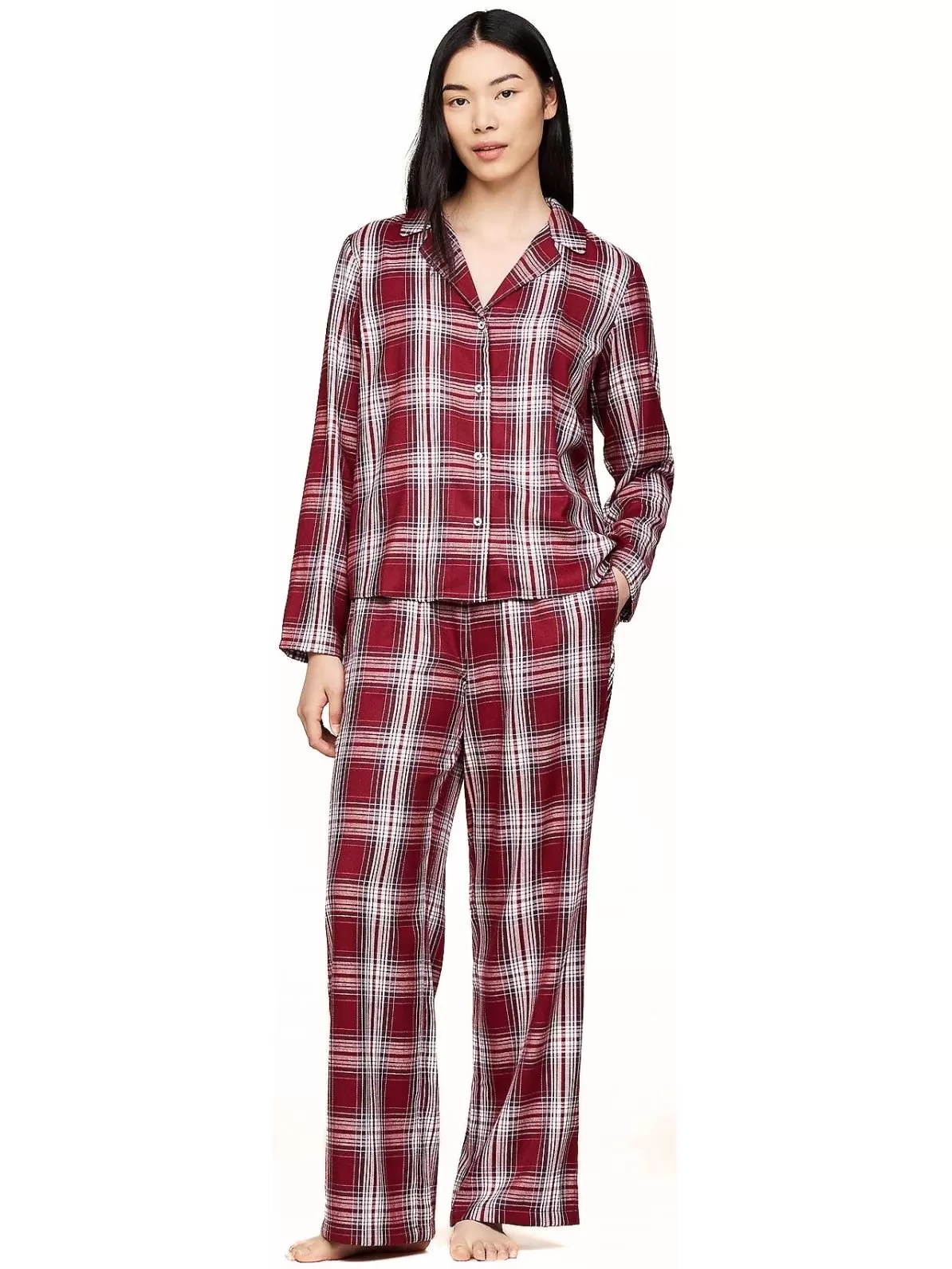 Women Plaid Check Flannel Pyjama Set, Deep Rouge