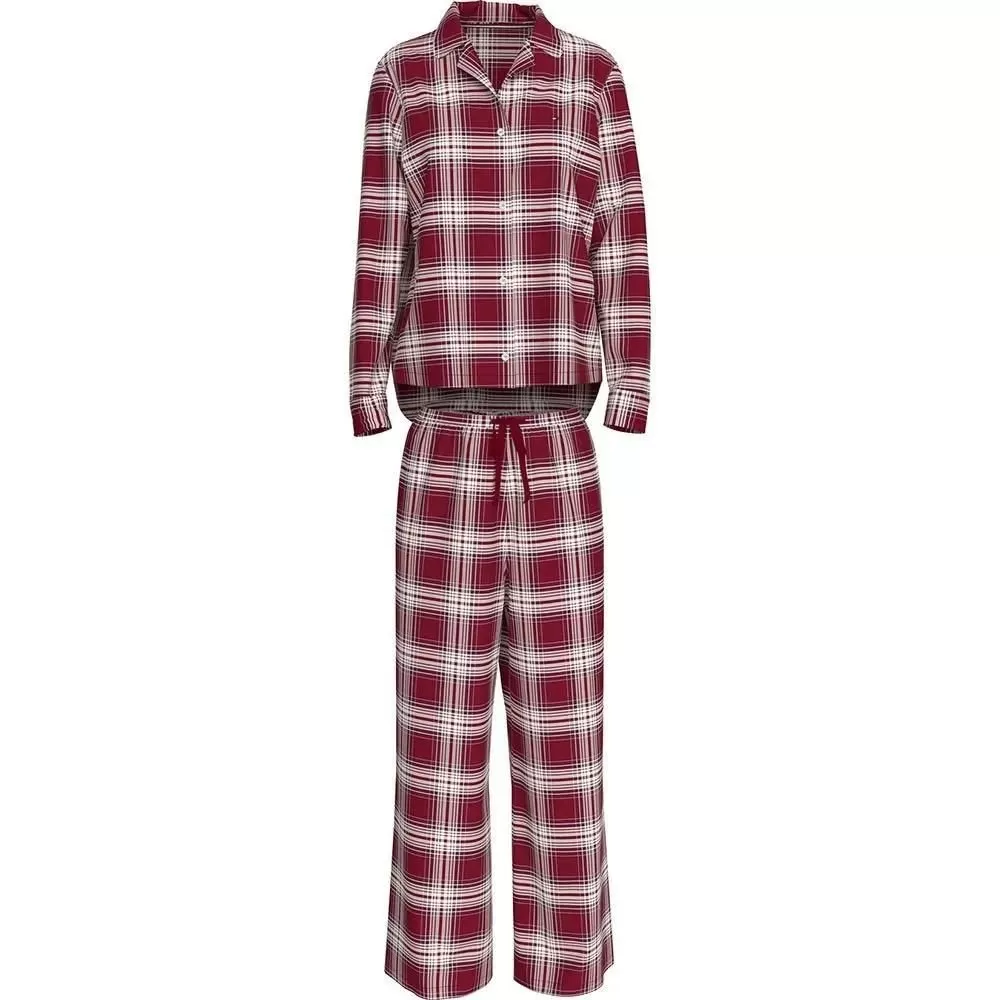 Women Plaid Check Flannel Pyjama Set, Deep Rouge