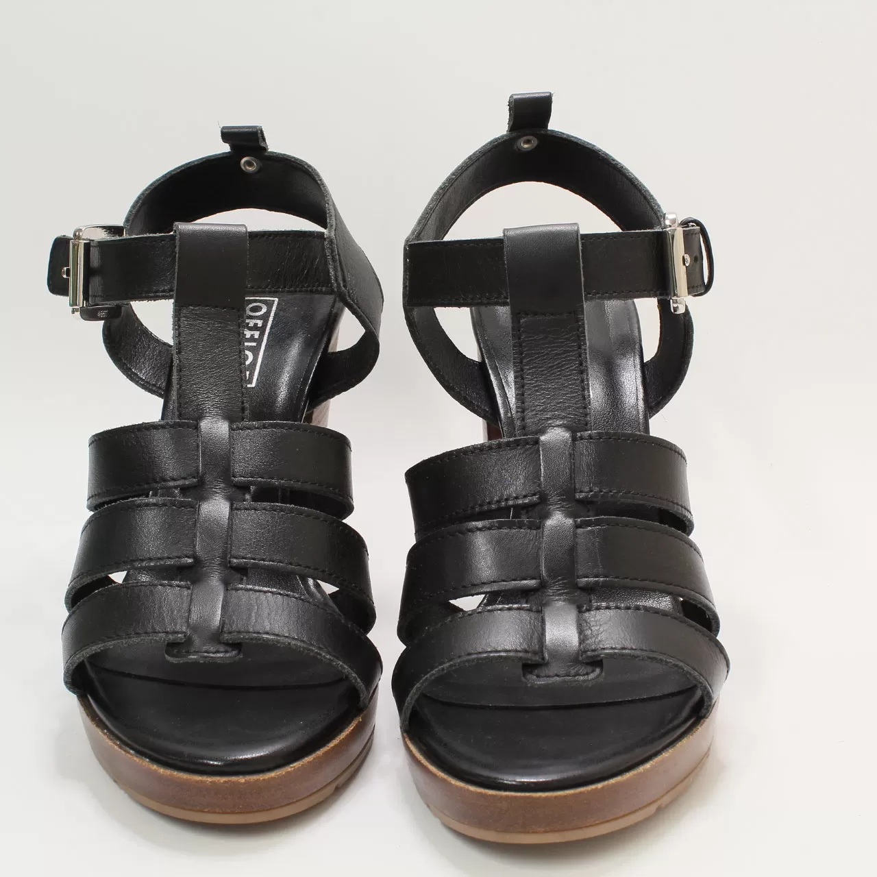 Womens Office Holla  Wood Block Heel Sandals Black Leather