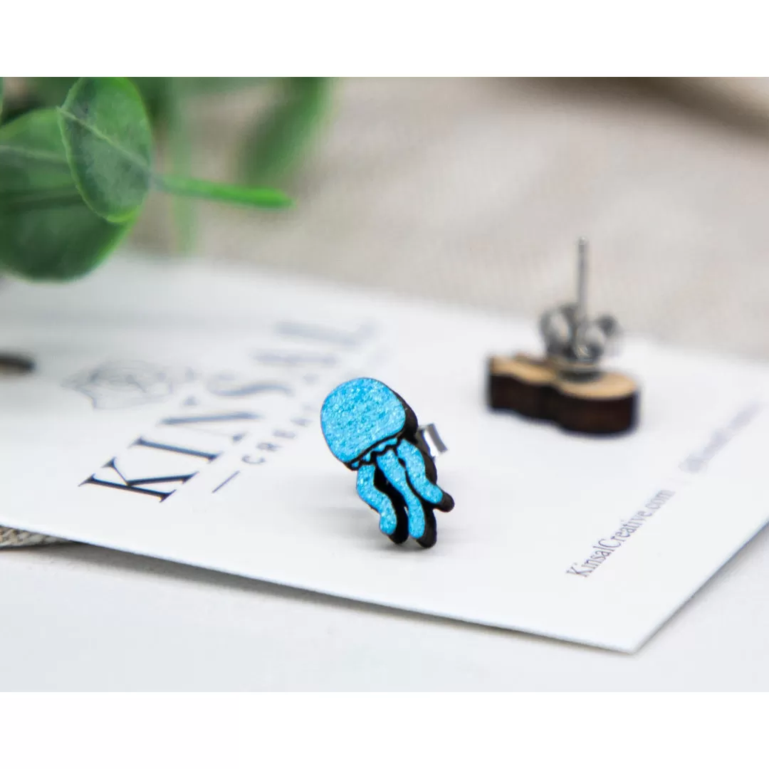 Wooden Jellyfish Earrings - Blue