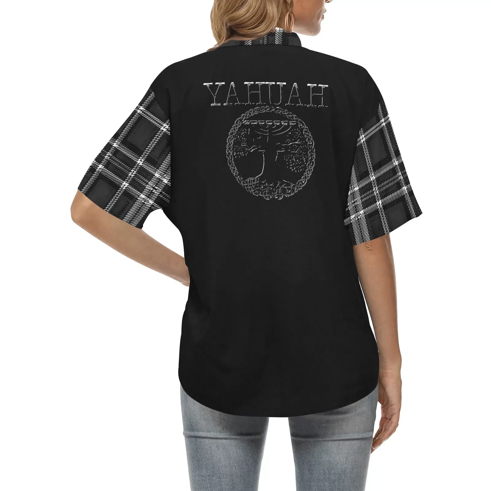 Yahuah-Tree of Life 02-04   Digital Plaid 01-06A Ladies Designer Short Sleeve Button Up Blouse with Side Slits