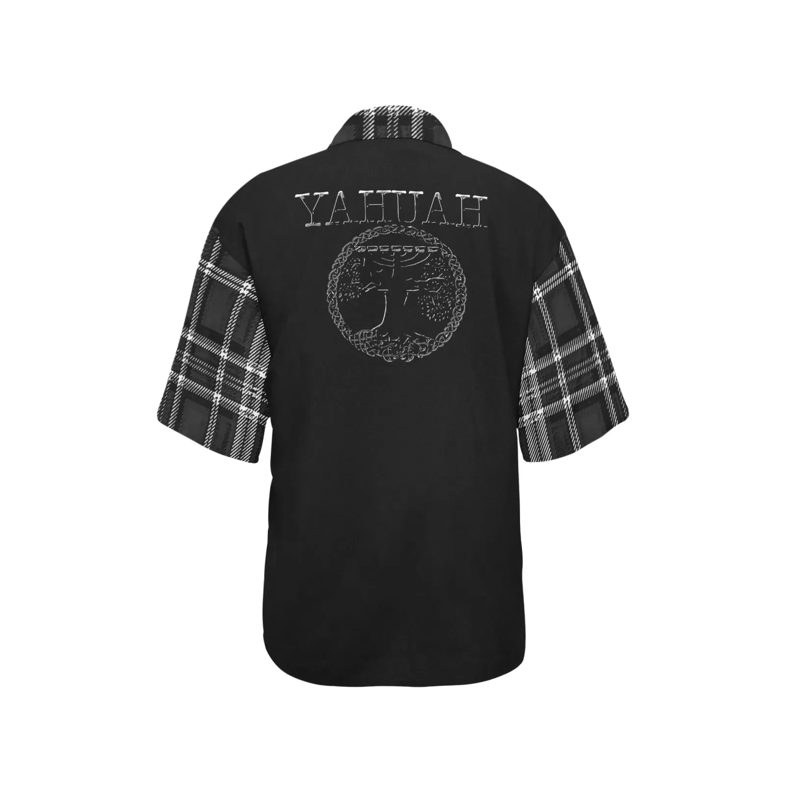 Yahuah-Tree of Life 02-04   Digital Plaid 01-06A Ladies Designer Short Sleeve Button Up Blouse with Side Slits