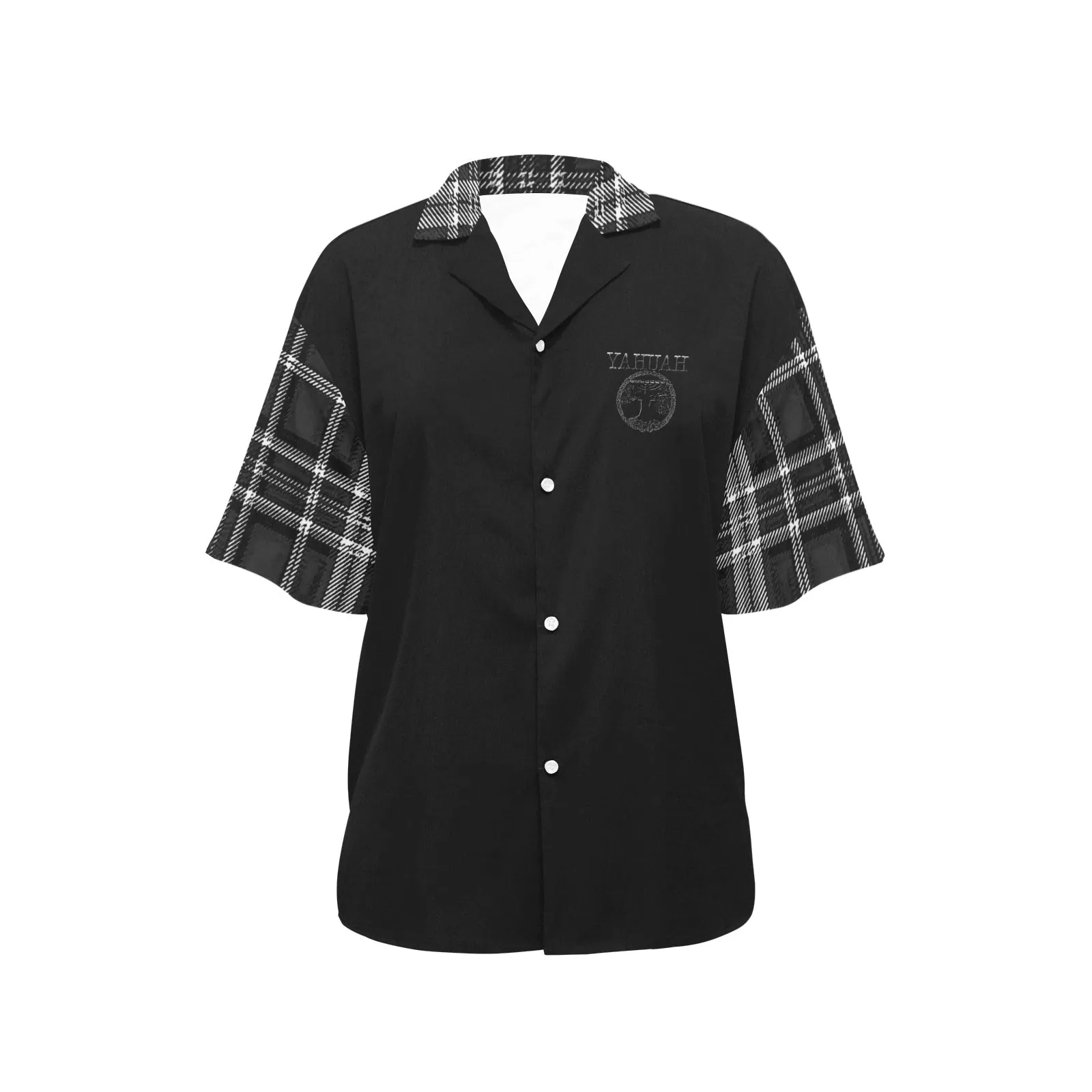 Yahuah-Tree of Life 02-04   Digital Plaid 01-06A Ladies Designer Short Sleeve Button Up Blouse with Side Slits