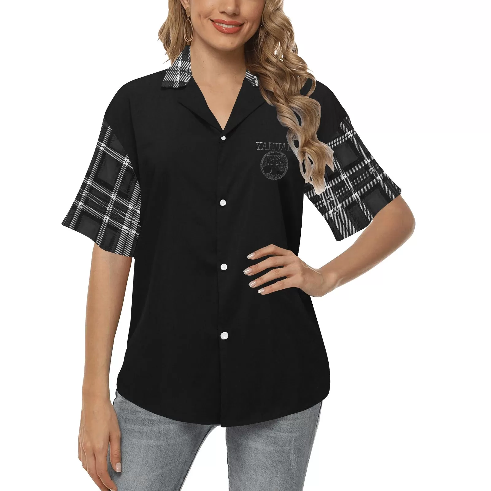 Yahuah-Tree of Life 02-04   Digital Plaid 01-06A Ladies Designer Short Sleeve Button Up Blouse with Side Slits