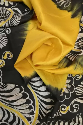 Yellow and Black Color Bishnupur Silk Saree with Hand Batik Work