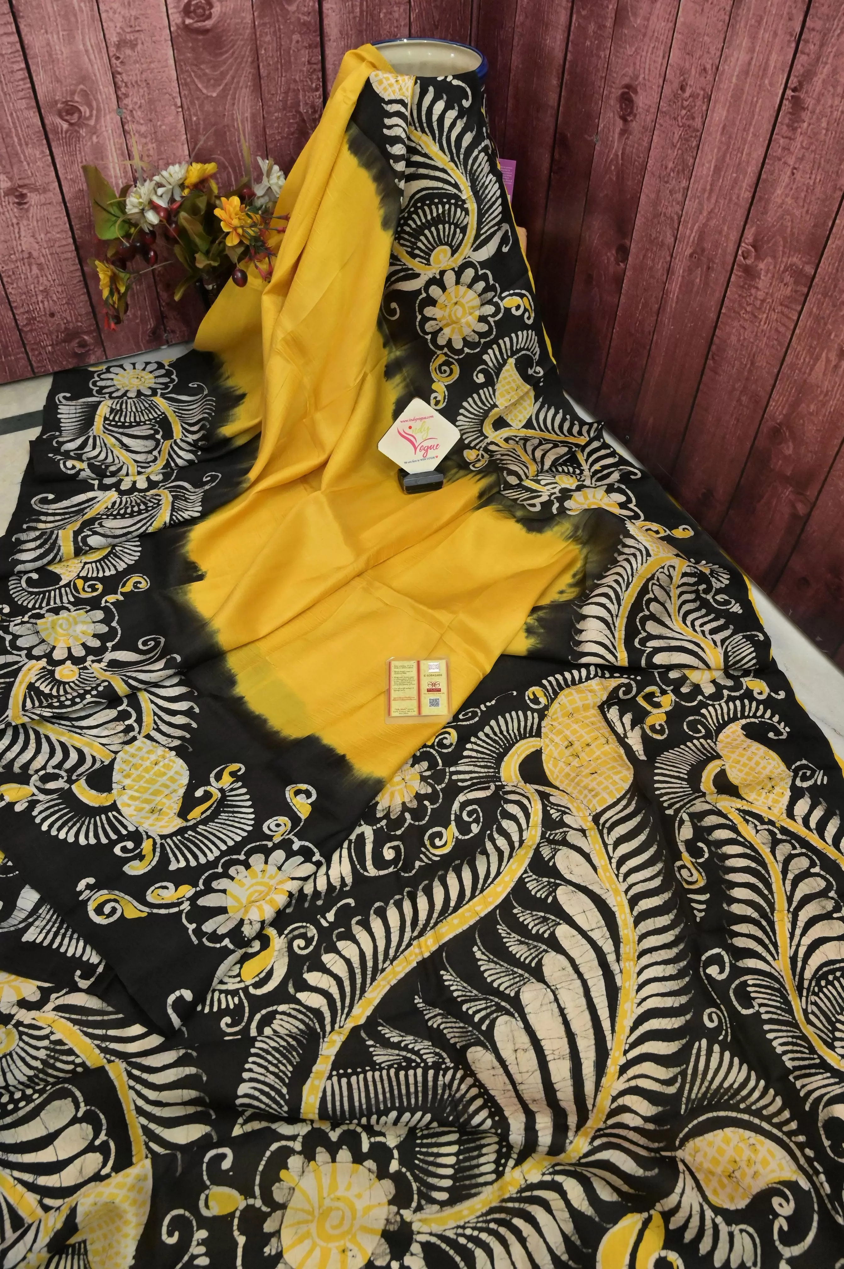 Yellow and Black Color Bishnupur Silk Saree with Hand Batik Work