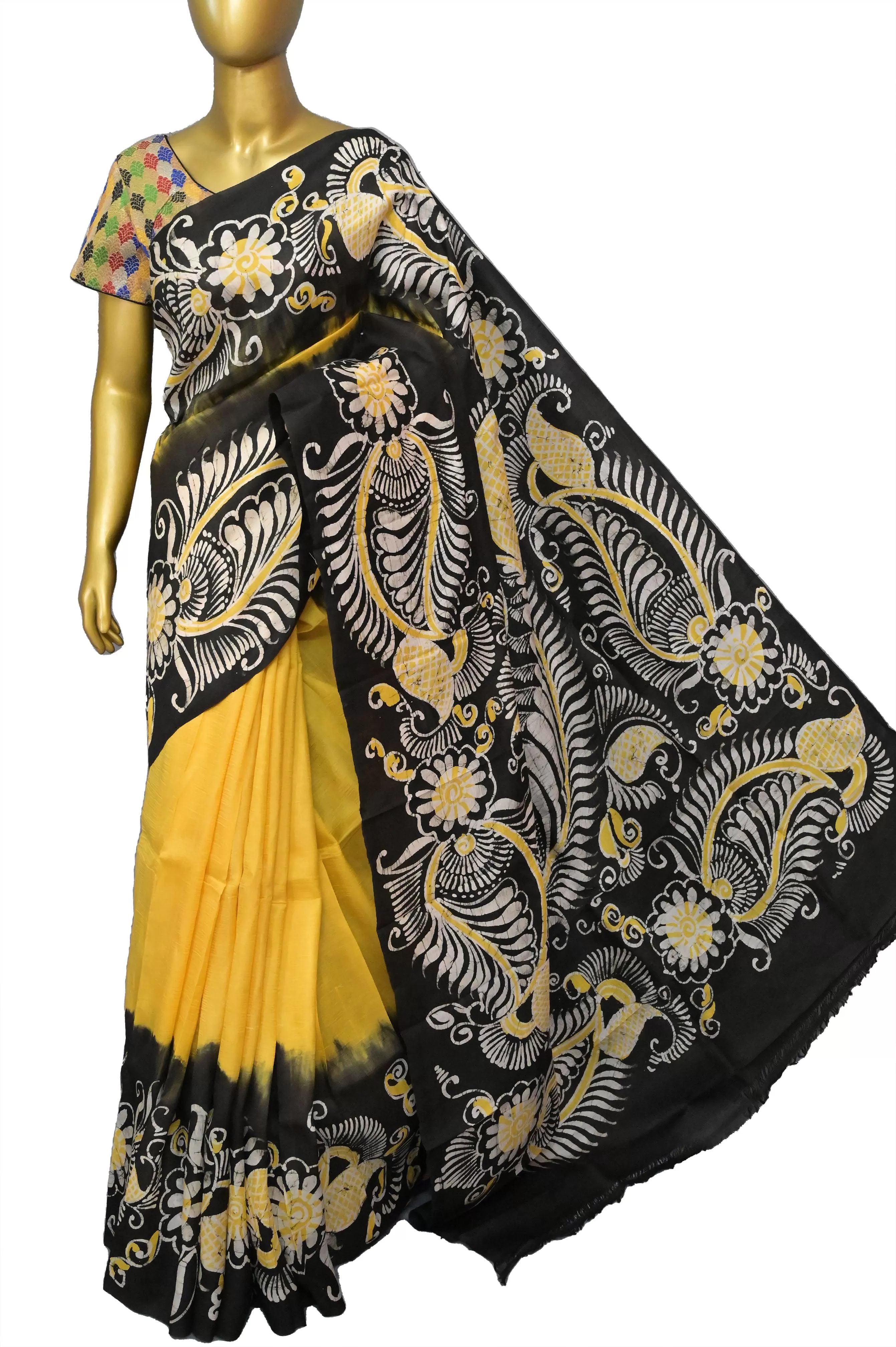 Yellow and Black Color Bishnupur Silk Saree with Hand Batik Work