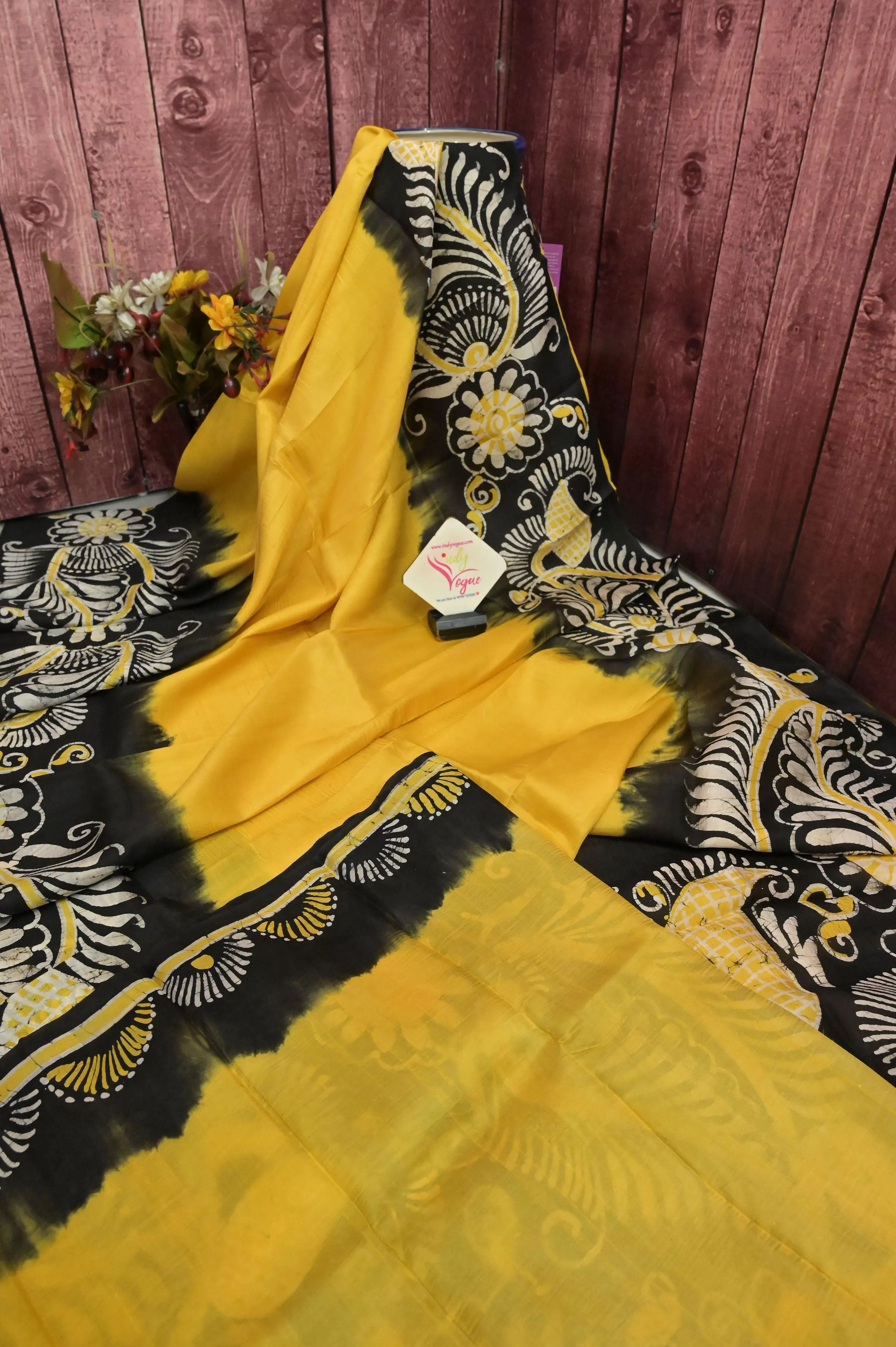 Yellow and Black Color Bishnupur Silk Saree with Hand Batik Work