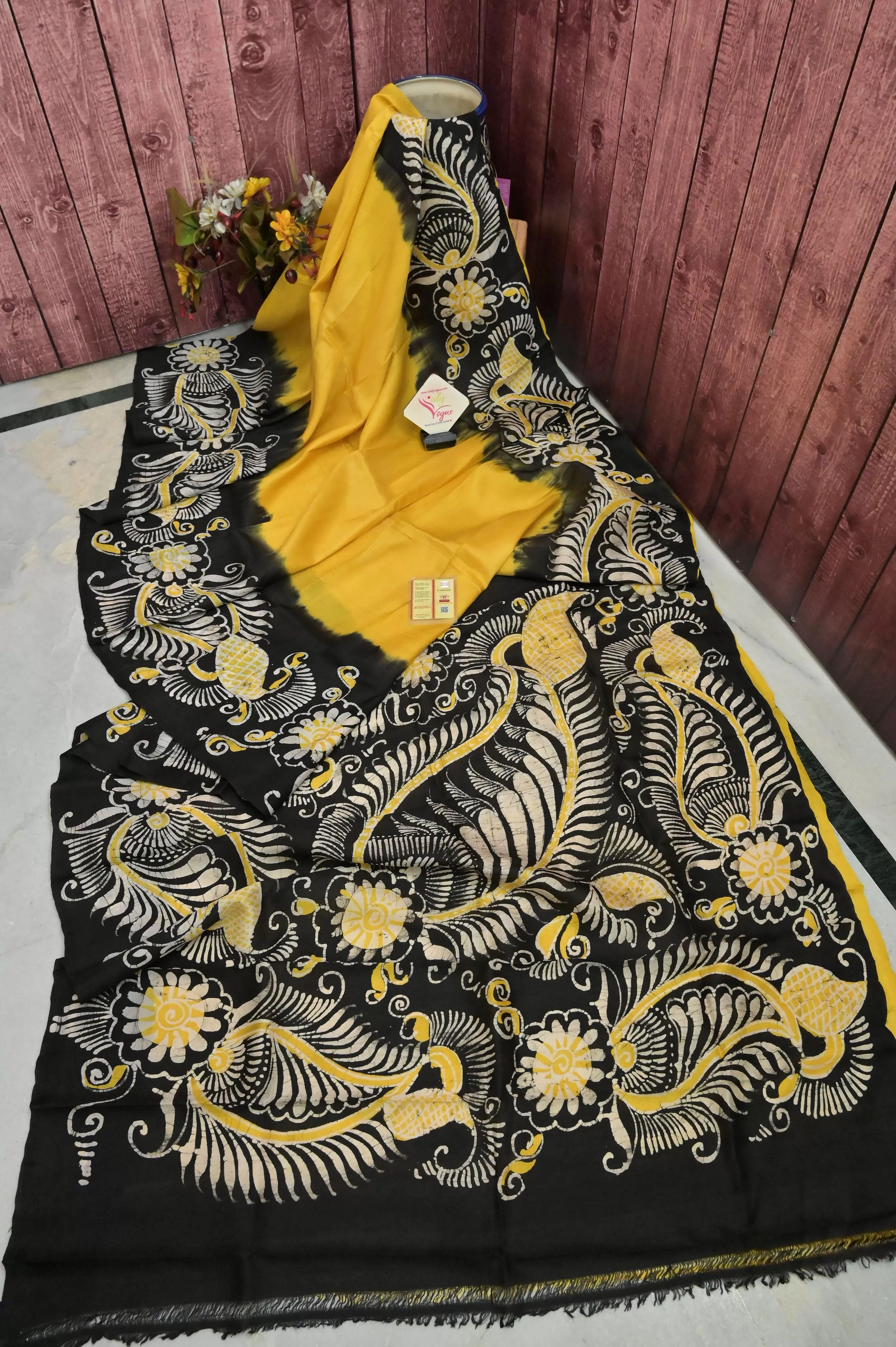 Yellow and Black Color Bishnupur Silk Saree with Hand Batik Work