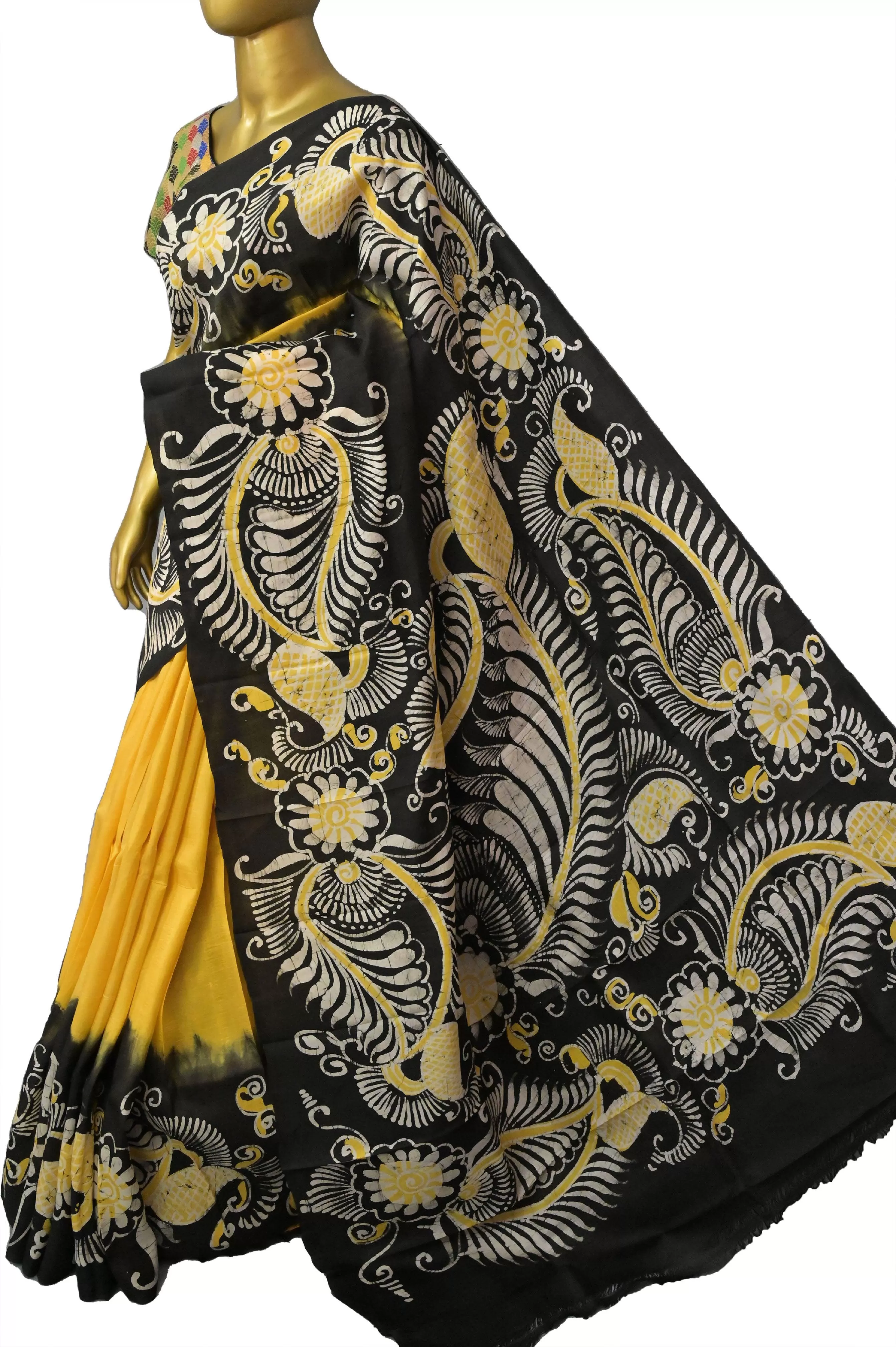 Yellow and Black Color Bishnupur Silk Saree with Hand Batik Work