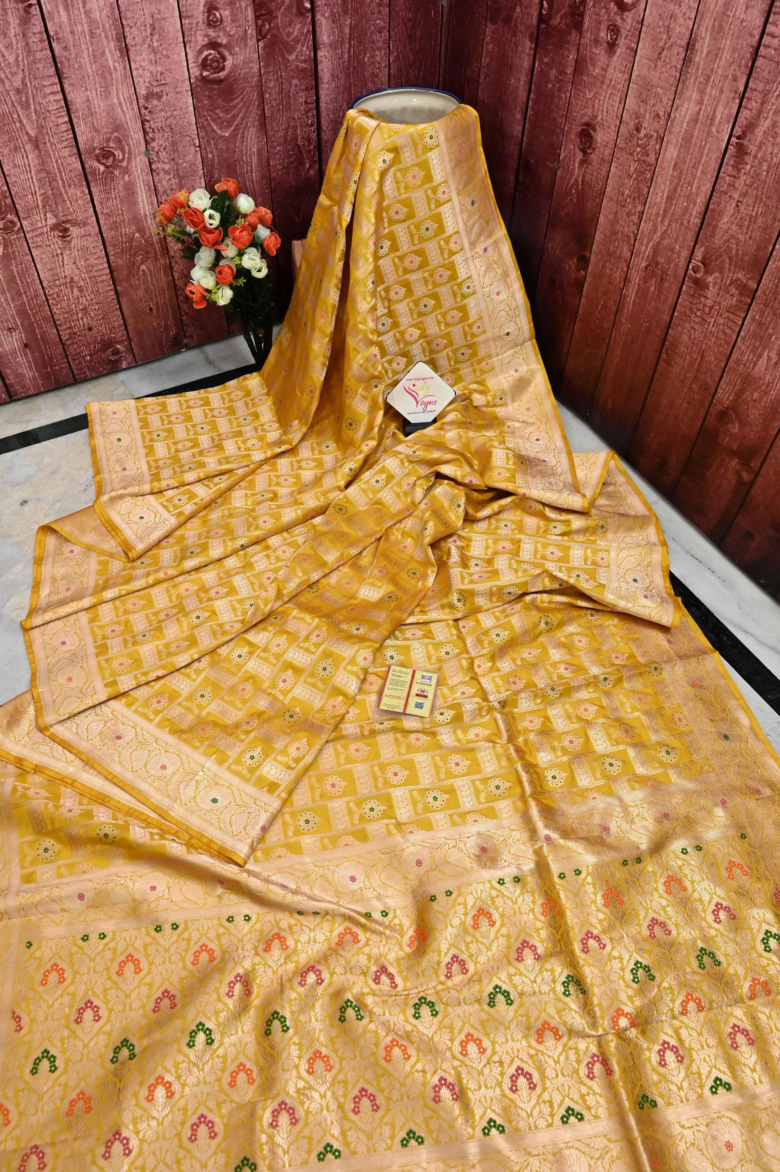 Yellow Color Pure Katan Banarasi Saree with Geometric Motif and Meenakari Work