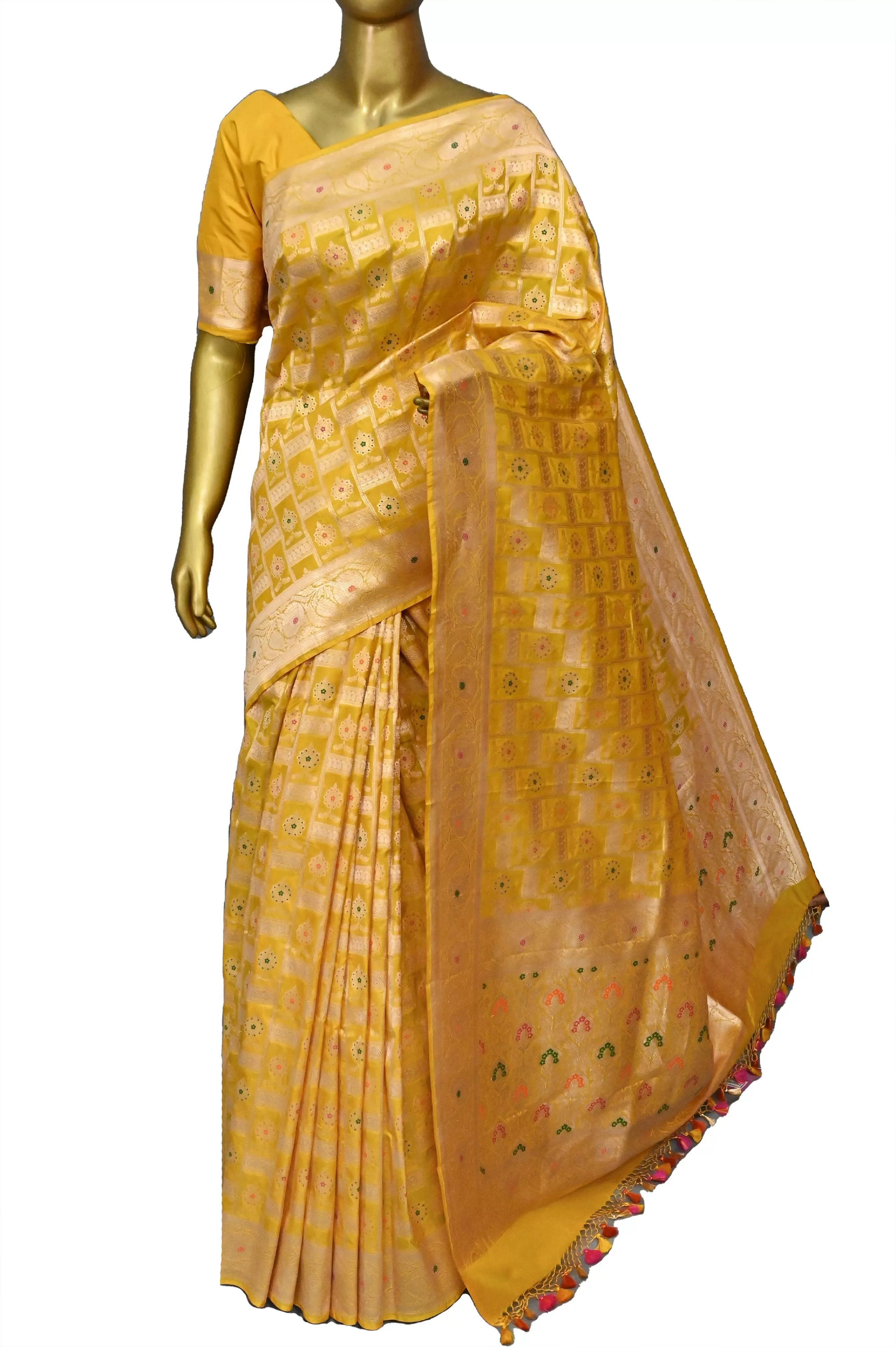 Yellow Color Pure Katan Banarasi Saree with Geometric Motif and Meenakari Work