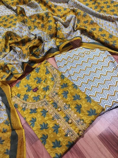 Yellow Cotton Printed Embroidered Salwar Suit Set